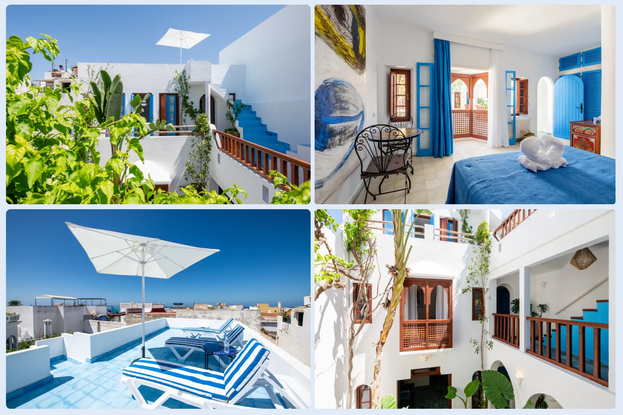 Décoration bleue et blanche typique d'une chambre du Riad Asilah 32
